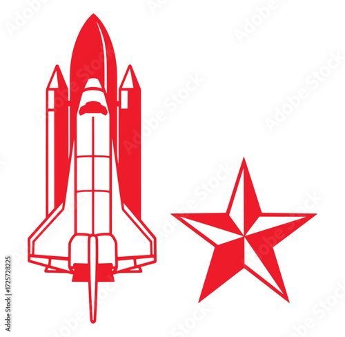 Vector illustration of a red space shuttle and a star symbol on a white background