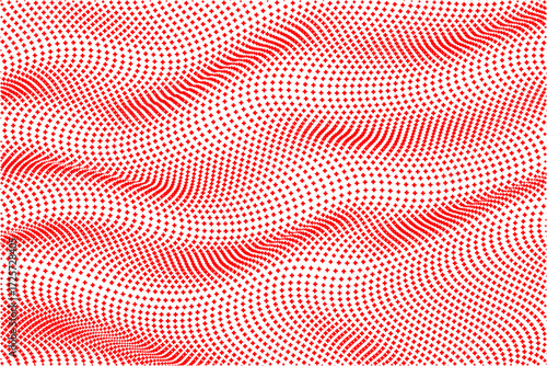 Abstract Wavy Fabric Texture background with a flowing pattern of red cross symbols. A futuristic vector illustration of a distorted grid, creating a 3D surface illusion for technology or data themes.