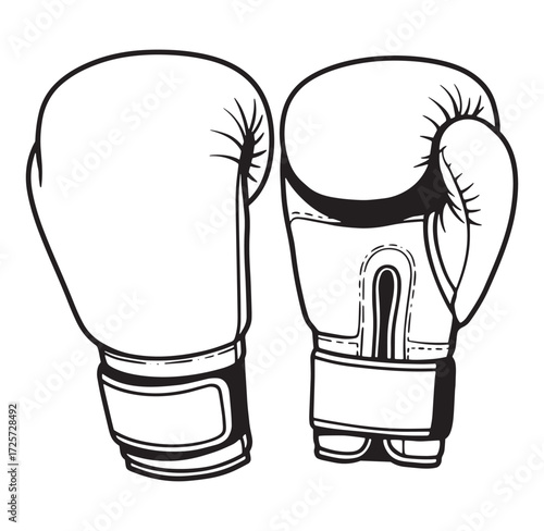 Boxing gloves illustration in black and white depicting sport and combat equipment