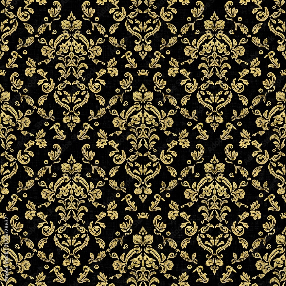 Fototapeta premium Luxurious Black and Gold Damask Seamless Pattern. Exquisite Royal Palace Baroque Wallpaper with Ornate Floral Motifs. Elegant Background for High-End Commercial Use.