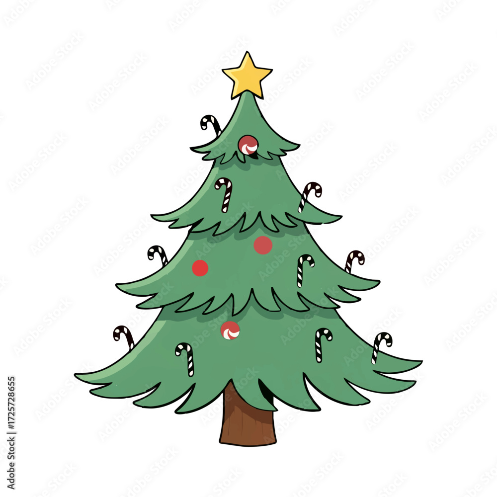 Fototapeta premium Stylized Christmas Tree with Star and Red Ornaments Icon