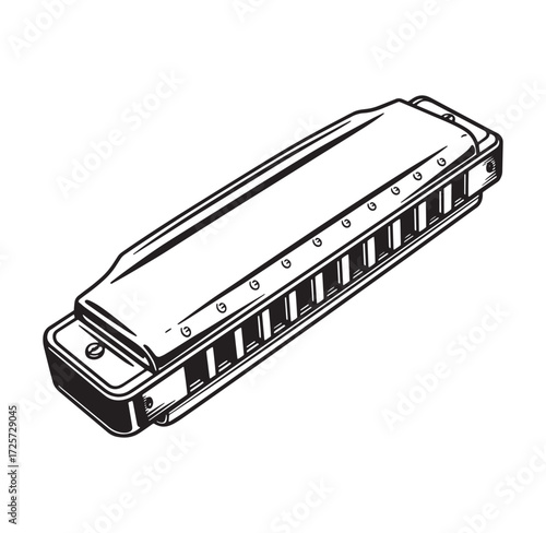 Detailed black and white illustration of a classic harmonica musical instrument design