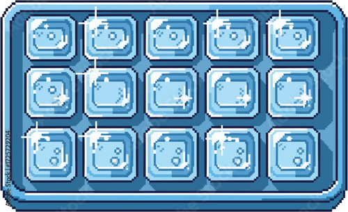 A pixelated ice cube tray, filled with glistening, light-blue ice cubes.