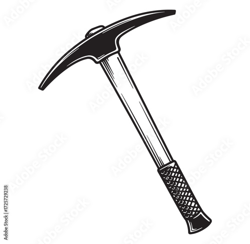 Detailed black and white illustration of a classic pickaxe on a white background