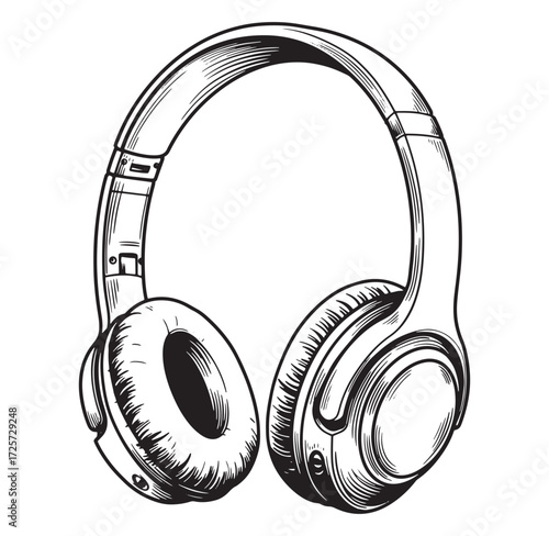 Detailed hand drawn illustration of modern over ear headphones in a black and white design