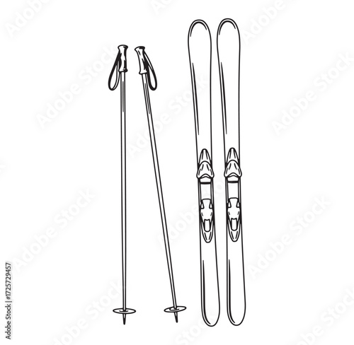 Hand drawn skiing equipment including skis and poles isolated on a white background