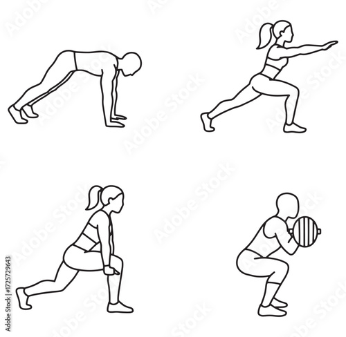 Illustrated black and white fitness exercises demonstrating different workout positions