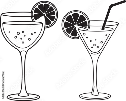 Two refreshing cocktails with orange slices and straw silhouette