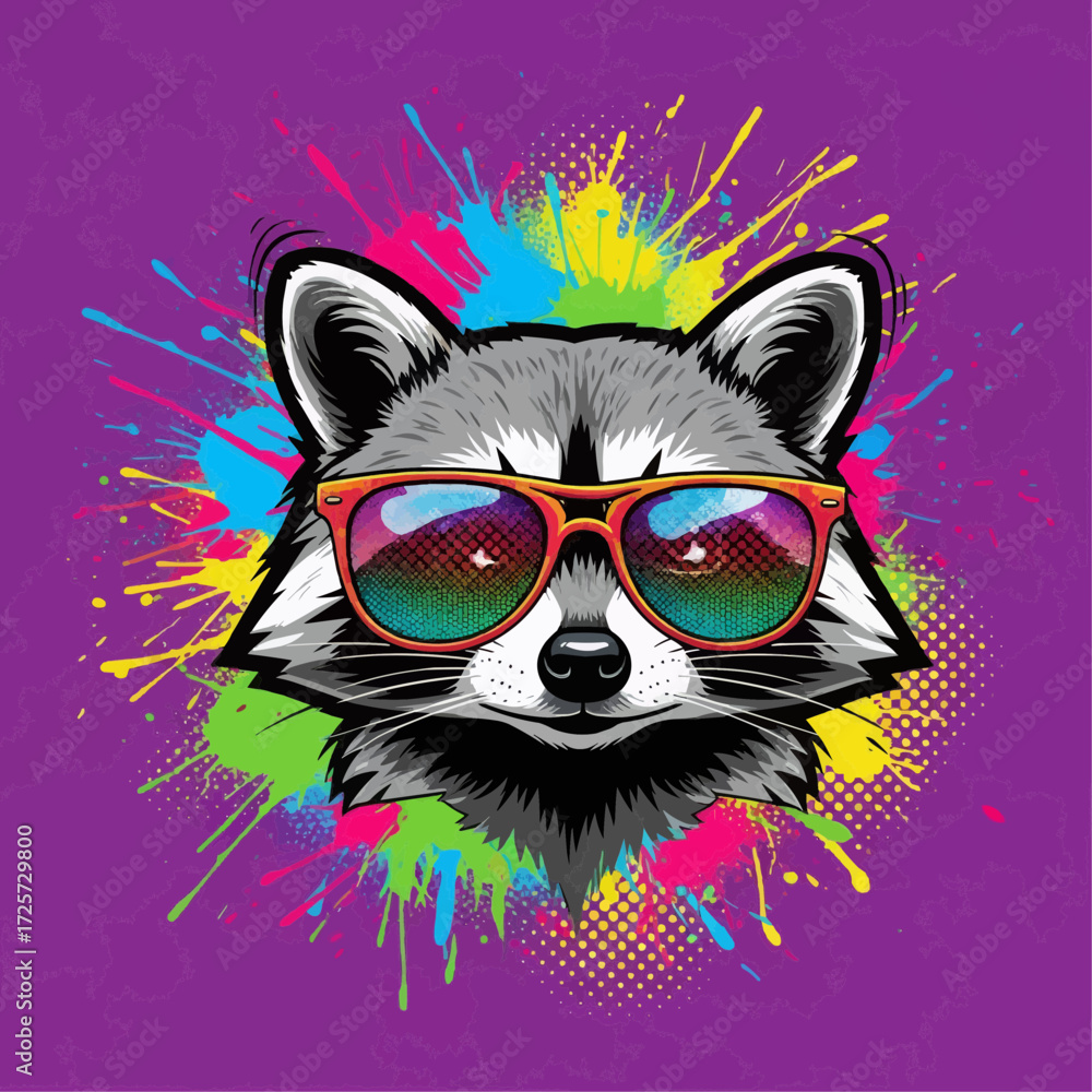 Fototapeta premium Stylish Raccoon in Cool Reflective Sunglasses Against a Vibrant Paint Splatter Background, a Modern Animal Illustration with an Expressive Urban Art Vibe