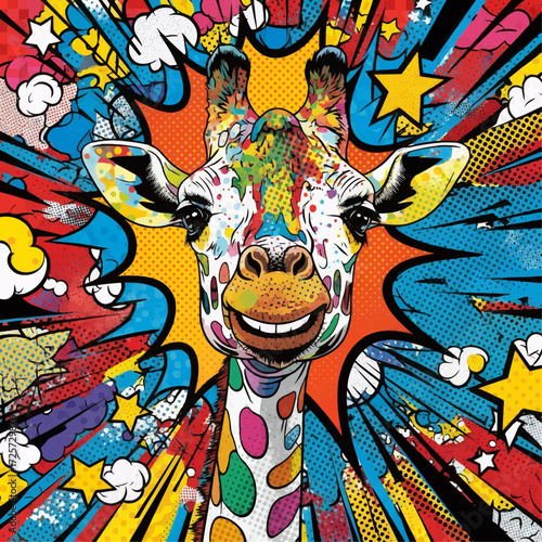 A Vibrant Giraffe Portrait Colorful Pop Art Illustration with a Smiling Animal