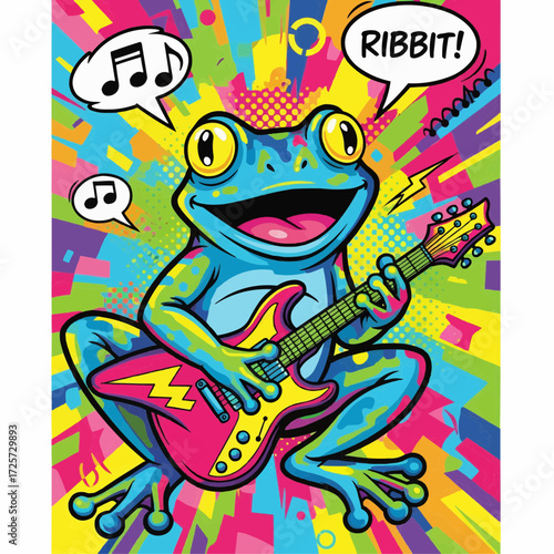 A colorful cartoon frog enthusiastically plays electric guitar and speaks excitedly