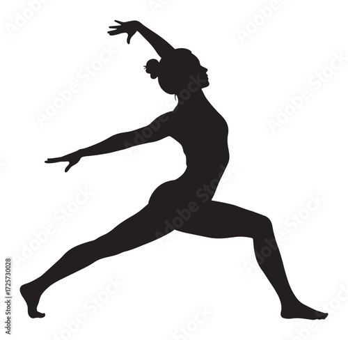 Silhouette of a woman in warrior two yoga pose against a white background