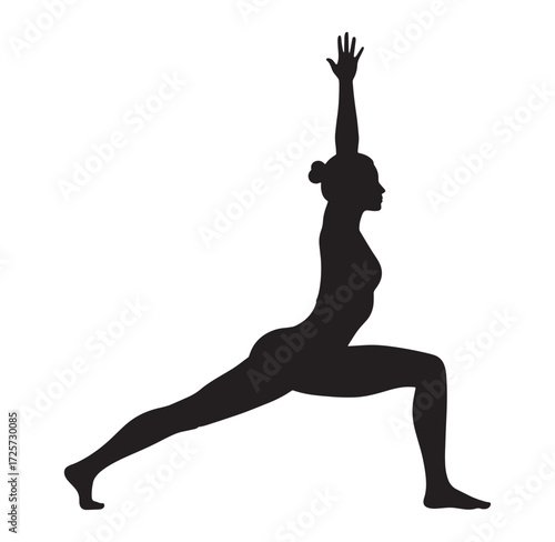 Silhouette of a woman performing a yoga warrior pose on a white background