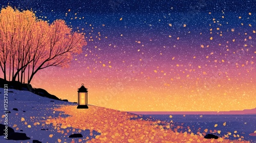 A serene autumnal landscape bathed in warm sunset hues, featuring a glowing lantern illuminating a path strewn with fallen leaves, nestled amongst snow-covered rocks and silhouetted trees against a...