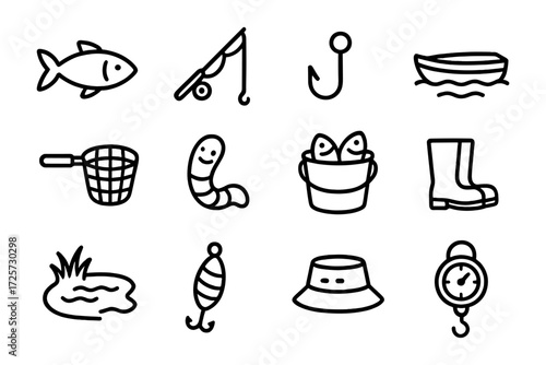 Simple line icons of fishing equipment and outdoor gear essentials