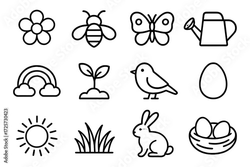 Set of spring icons featuring nature and gardening in simple outline style