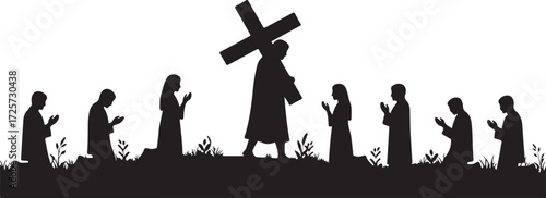 PrintSilhouette, Jesus, cross, crucifixion, prayer, devotion, worship, faith, religion, Christian, kneeling, spiritual, black, white, minimal, reverence, sacrifice, holy, belief, mourning