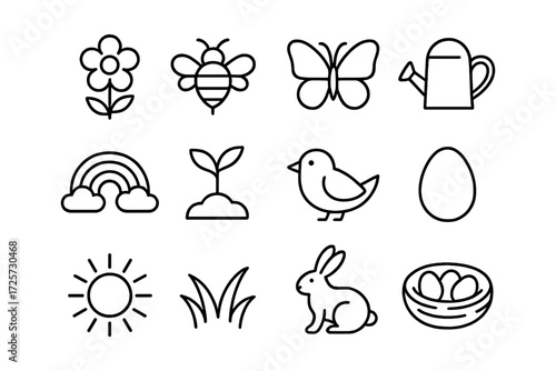 Simple linear spring icons: nature, animals, and gardening elements