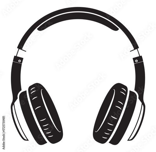 Simple black and white illustration of over ear headphones perfect for music listening and design