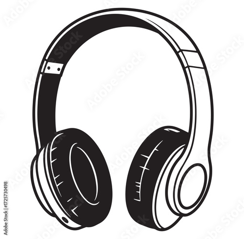 Simple black and white illustration of modern over ear headphones isolated on white background