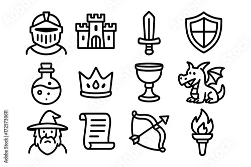 Medieval fantasy icons set featuring knight, dragon, and castle in linear style