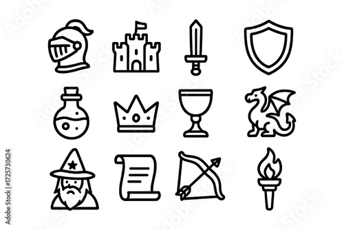 Medieval icon set featuring knight, castle, dragon, and magical items in simple linear style