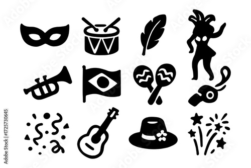 Festive carnival icons set with masks, drums, and dancing figures in simple black style
