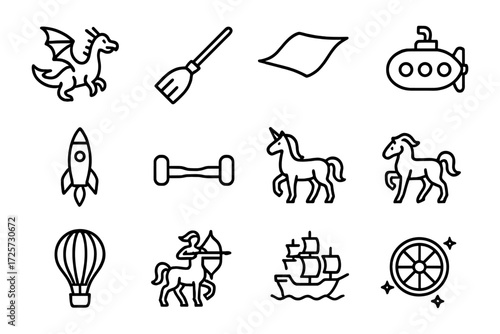 Fantasy and adventure icons set featuring unicorns, dragons, and submarines in linear style