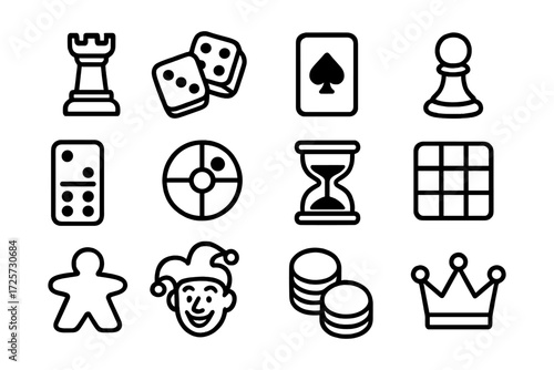 Minimalist black and white game icons set: chess, cards, dice, and more