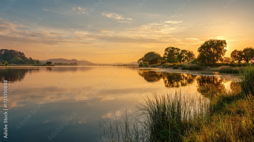 Obraz premium shore. Tranquil lakeside view at sunset with calm water reflecting golden hues. inspiring travel planning, travel magazines, designed for outdoor magazines and nature guides.