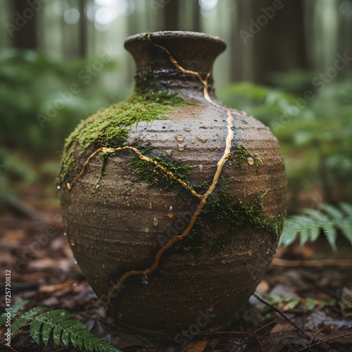 Mossy Kintsugi vessel, raindrops sparkling against clay and gold in serene woodland.