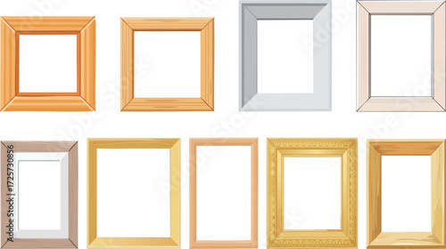 Vector illustration set of decorative frames in wood, golden, and modern styles. Perfect for photo frames, artwork borders, posters, gallery displays, interior decoration, and graphic design projects.