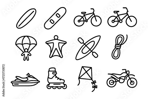 Outdoor adventure line icons: cycling, skateboarding, parachuting, kayaking, and more