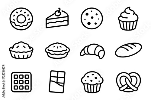 Assorted bakery icons: donut, cake, cookie, cupcake, pie, croissant, bread, waffle, chocolate, pretzel in bold outline style