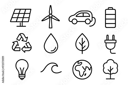 Eco-friendly technology and sustainability icon set in linear style