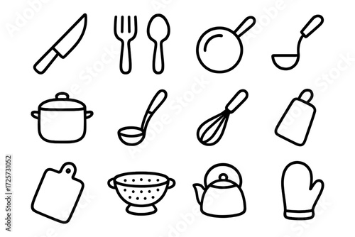 Outlined kitchen utensils collection: knife, fork, spoon, pan, and more