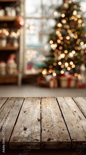 Cozy Wooden Table With Decorated Christmas Tree and Warm Holiday Lights in a ...