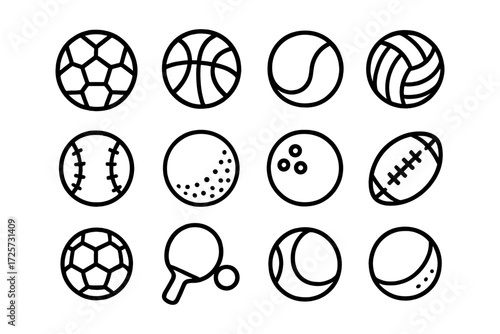 Minimalist outline icons of popular sports balls