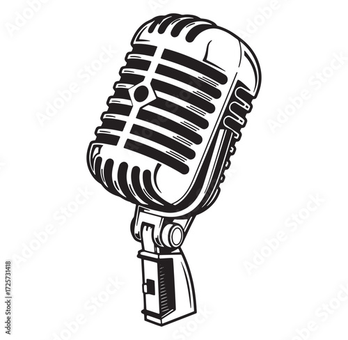 Vintage black and white microphone illustration perfect for music and recording concepts