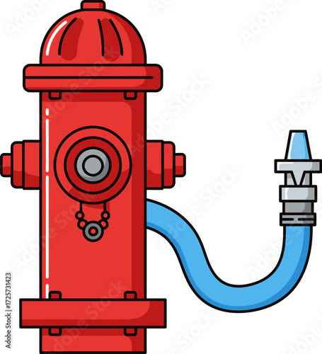 Red fire hydrant with a blue hose attached, ready for emergency services and water supply