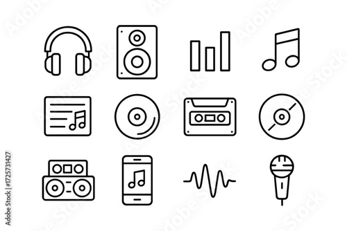 Minimalist music icons collection featuring headphones, cassette, microphone, and more
