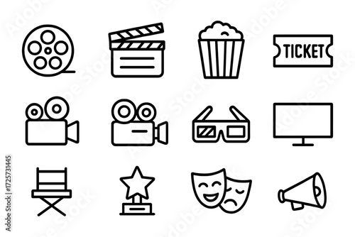 Cinema and entertainment icons: film, camera, and ticket symbols in linear style