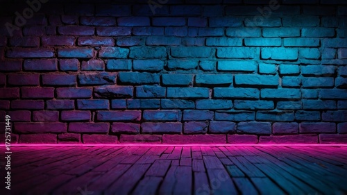 Brick wall with neon blue and pink lighting image