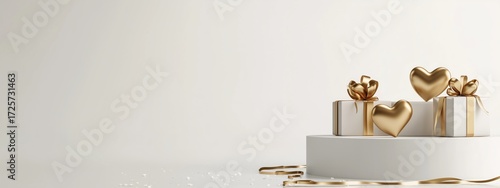 Elegant Golden Gifts With Heart Decorations on a White Background for Celebra...