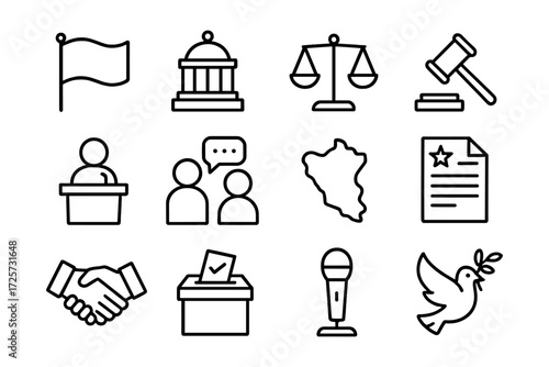 Minimalist legal and government icons set for justice and democracy themes
