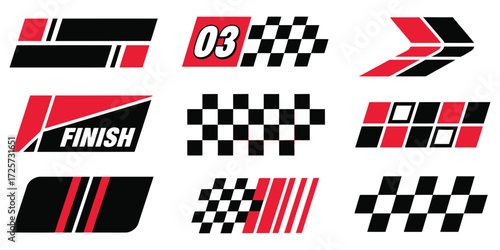 Racing cars and race car stripes set with checkered flag motocross labels and speed decals