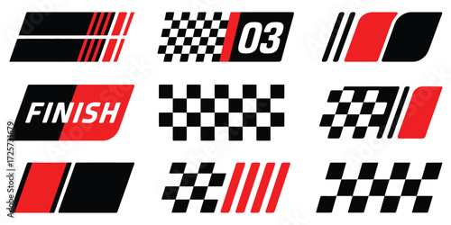 Racing cars and race car stripes set with checkered flag motocross labels and speed decals
