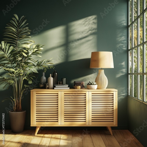 Stylish Wooden Sideboard With Decorative Items and Lamp in Modern Room.