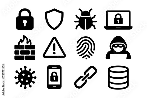 Cybersecurity icons set featuring lock, shield, firewall, and hacker symbols