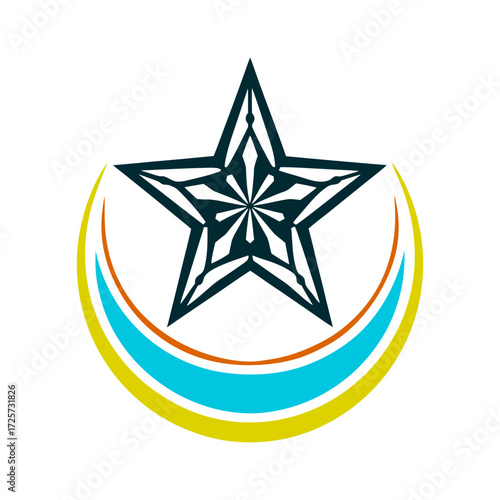 Eid al-Fitr Geometric Star and Crescent Design Crescent moon and star in sharp geometric alignment with tapered points Eid al Fitr